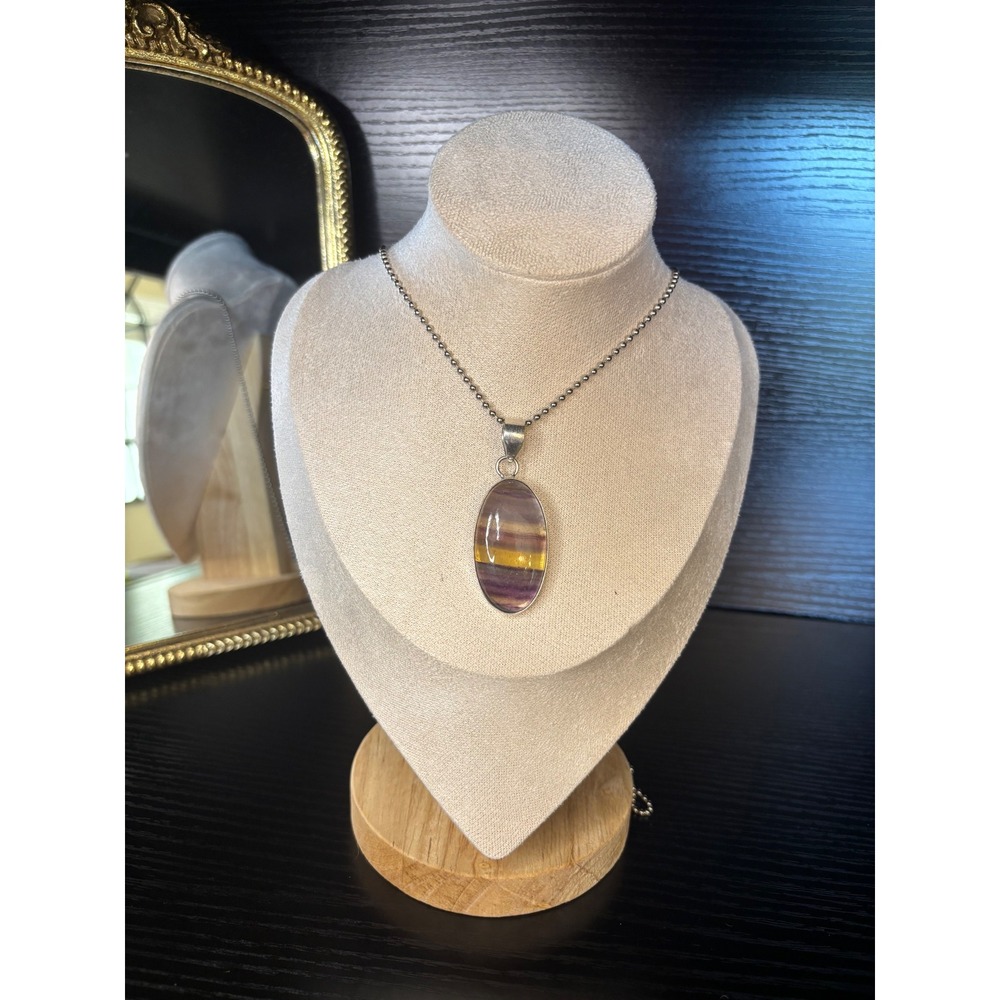 925 Sterling Silver Fluorite Pendant Necklace Purple Yellow Banded Stone Oval‎